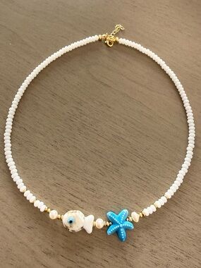 White Beaded Necklace with Blue Starfish Accent - Beach Charm